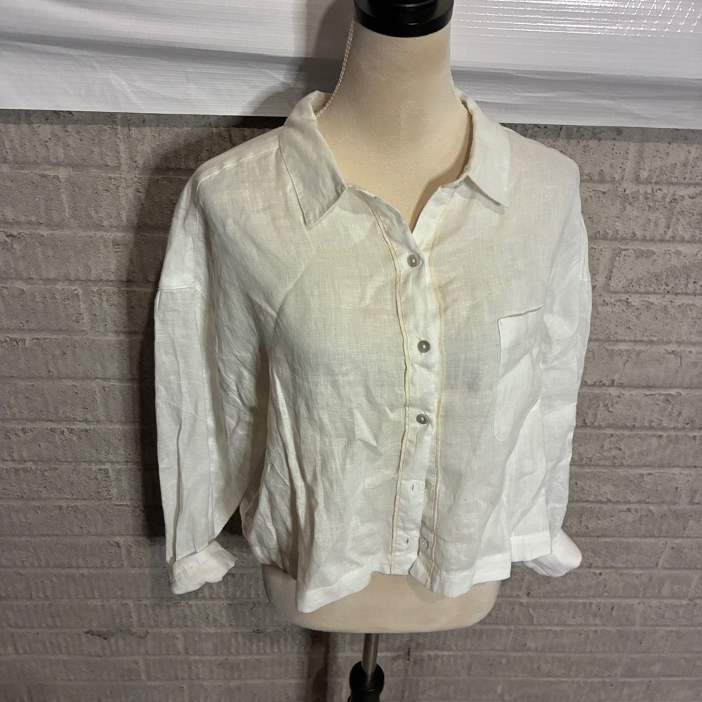 Rachel Zoe White 100% Linen Button Down Shirt European Flax XL Relaxed Cropped